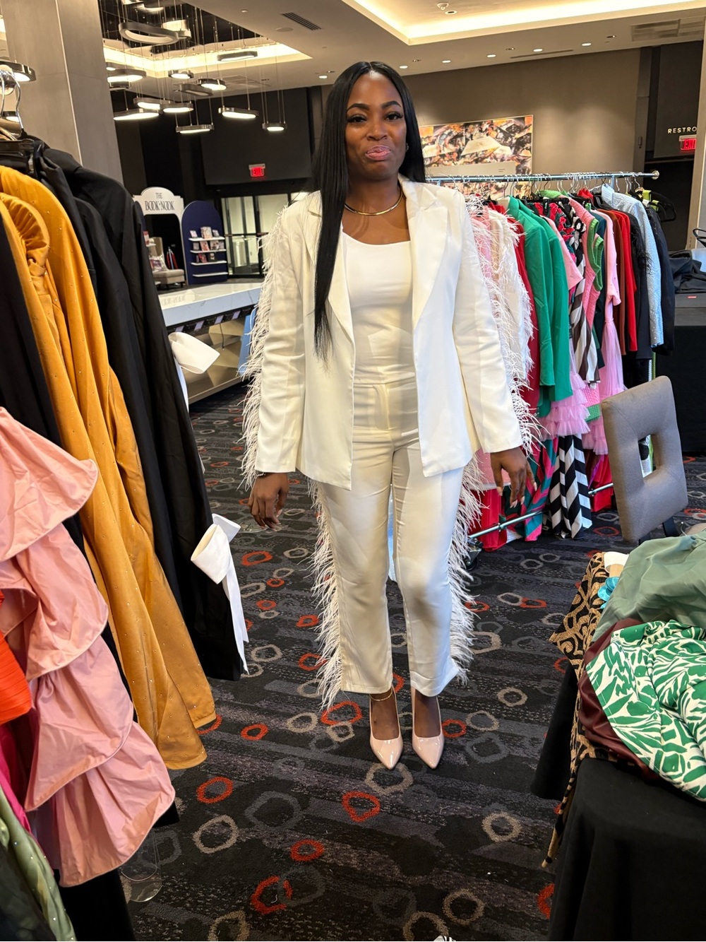 Feather-Trim White Cropped Jumpsuit with Blazer